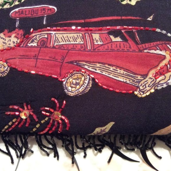 Handmade EUC Vintage Bag Bamboo Handles & 1950's sequined Auto Designs - Picture 7 of 7